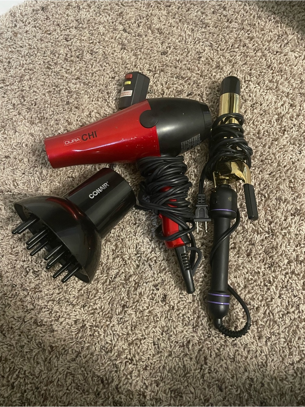 CHI Red Hair Dryer with Conair Diffuser & Curling Iron Set